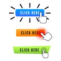 Hand cursor over button with text click here. Set of different buttons. Web icons element. Vector illustration isolated on white Royalty Free Stock Photo