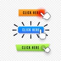 Hand cursor over button with text click here. Web icons element. Set of different buttons. Vector illustration isolated on Royalty Free Stock Photo