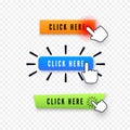 Hand cursor over button with text click here. Web icons element. Set of different buttons. Vector illustration isolated on Royalty Free Stock Photo