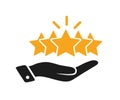 Hand of customer or client holding the stars to complete five stars, service rating, satisfaction concept, giving a five star