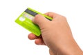 Hand of customer give credit or debit card - payment concept