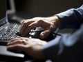 A hand of a customer service rep typing away at the computer with a glance of reassurance looking up towards the