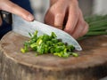 Hand cut Scallions on wooden cutting board. Royalty Free Stock Photo