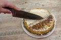 Hand cuts a cake with a knife. Tasty cake with condensed milk and poppy seeds on a wooden table. Royalty Free Stock Photo
