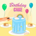 Hand Cutting Birthday Rainbow Cake with Balloons.