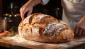 Hand cutting fresh homemade bread in rustic kitchen generated by AI