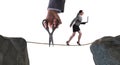 The hand cutting the rope under businesswoman tightrope walker