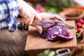 Hand cutting vegetables.Women hands is slicing cabbage on wooden board near vegetables Royalty Free Stock Photo