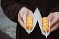 Hand on Dango favorite dessert in Japan.Traditional Japanese street food Royalty Free Stock Photo