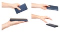 Hand with dark power bank, portable device, set and collection