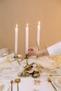 Hand decor woman candlestick table romantic dinner