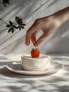 Hand decorating a little round cake with a strawberry. Gourmet dessert on a plate, on gray sunlit background. Generative AI