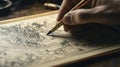 A hand delicately draws an antique map with a golden pen Royalty Free Stock Photo