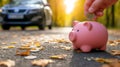 Hand depositing bitcoin coin into a pink piggy bank on a road scattered with autumn leaves.