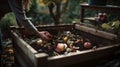 Hand depositing organic waste into a compost bin, recycling nutrients back to earth