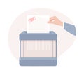 Hand destroying a sheet of paper with confidential information in a paper shredder, vector illustration Royalty Free Stock Photo