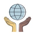 Hand of different colors holding earth. Save earth concept. Vectors symbol.