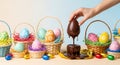 A hand dipping a chocolate Easter egg into a melted chocolate sauce surrounded by colorful eggs and baskets Royalty Free Stock Photo