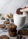 a hand dipping cookie in a tall glass of milk with a stack of homemade chocolate chip cookies Royalty Free Stock Photo