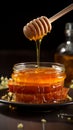 Hand dips honey dipper into jar, gathering sweetness for a delightful breakfast