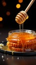 Hand dips honey dipper into jar, gathering sweetness for a delightful breakfast