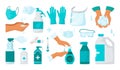 Hand disinfect. Icons of face mask, antiseptic gel, alcohol spray, hand wash, medical antibacterial hygiene and covid-19