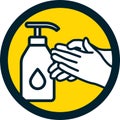 Hand disinfectant sign with bottle and hands