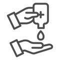 Hand disinfection line icon. Sanitize with antibacterial gel symbol, outline style pictogram on white background. Hand