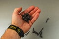 Hand holding black screws on gray surface with scattered screws around Royalty Free Stock Photo