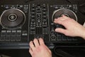 Hand of dj in action. Music background, banner. Modern technologies Royalty Free Stock Photo