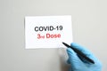 The hand of the doctor with the blue glove writes on white paper the text `Covid-19 3rd Dose`. Concept of Combating the COVID-19