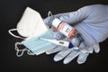Hand of doctor hold hypothetical vial of Covid-19 vaccine to immunize from the Delta Variant Coronavirus with covid masks and
