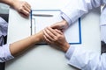 Hand of doctor touching patient reassuring for encouragement and empathy to support while medical examination on the hospital Royalty Free Stock Photo