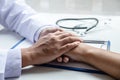 Hand of doctor touching patient reassuring for encouragement and empathy to support while medical examination on the hospital Royalty Free Stock Photo