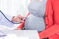 Hand of doctor using stethoscope to listening baby heartbeat