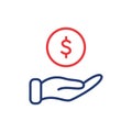 Hand with Dollar Coin line icon. Charity and Donation Concept. Financial Help for Needy. Sponsorship Supporter Linear Royalty Free Stock Photo