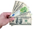 Hand with dollar and euro on white Royalty Free Stock Photo