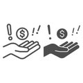 Hand with dollar and exclamation line and solid icon, Black bookkeeping concept, Illegal cashing of funds sign on white