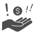 Hand with dollar and exclamation solid icon, Black bookkeeping concept, Illegal cashing of funds sign on white
