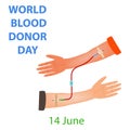 Hand of donor and recipient with a common dropper. World Blood Donor Day. Infographics. Vector illustration