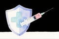 Hand-drawn watercolor vaccination concept, syringe and shield with soft textures Royalty Free Stock Photo