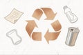 Watercolor illustration of recycling symbols with hand-drawn everyday objects Royalty Free Stock Photo