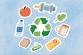 Watercolor illustration of recycling symbols with hand-drawn everyday objects Royalty Free Stock Photo