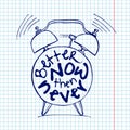 Hand draw Alarm clock illustration with lettering about Better now then never concept. Time reminder in sketched alarm