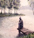 Watercolor landscape. Father and son by the lake Royalty Free Stock Photo