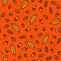 Hand Draw Autumn Oak Leaves Acorns and pine Cones Pattern. Vector Endless Background of Orange and Brown leaf fall