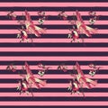 Hand draw bird flying with flower roses on stripe pattern pink background. Tropical vintage seamless print. Vector illustration