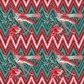 Hand draw bird flying with flower roses on zigzag pattern red background. Ethnic vintage seamless print. Vector illustration for