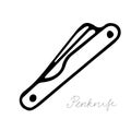 Hand-draw black vector illustration of metallic locksmith tool isolated on a white background with lettering penknife