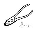 Hand-draw black vector illustration of metallic locksmith tool isolated on a white background with lettering pliers